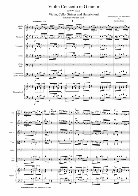 Free Sheet Music Bach Violin Concerto In G Minor Bwv 1056 For Violin Cello Strings And Harpsichord