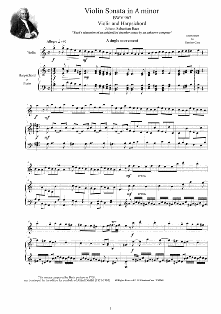 Free Sheet Music Bach Violin Sonata In A Minor Bwv 967 For Violin And Harpsichord Or Piano