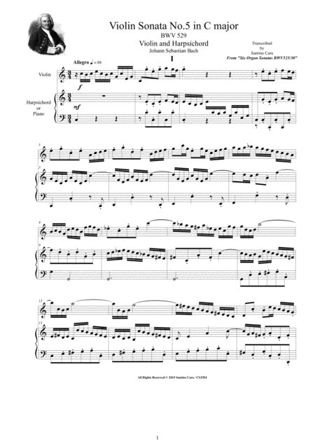 Bach Violin Sonata No 5 In C Major Bwv 529 For Violin And Harpsichord Or Piano Sheet Music