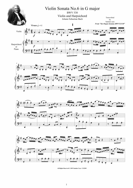 Free Sheet Music Bach Violin Sonata No 6 In G Major Bwv 530 For Violin And Harpsichord Or Piano