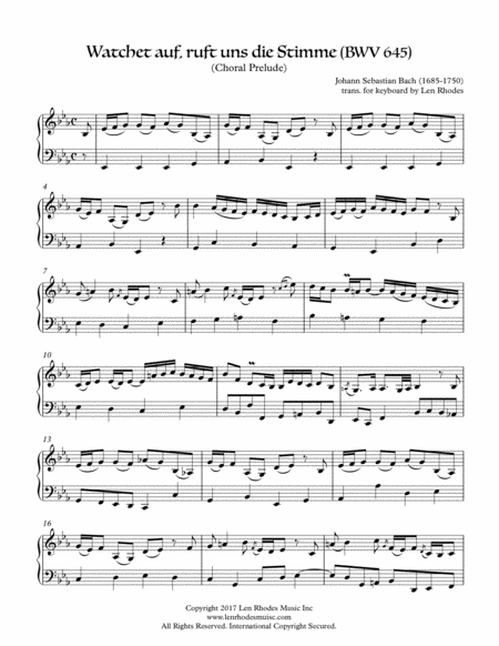 Bach Wachet Auf Sleepers Awake For Piano Solo Sheet Music