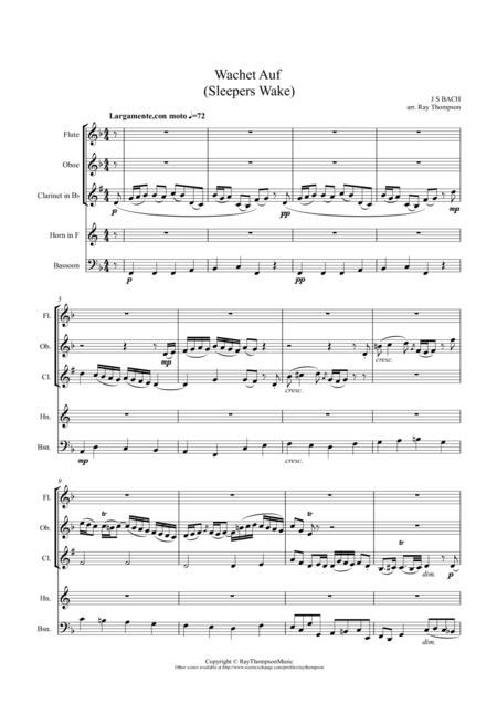 Bach Wachet Auf Sleepers Wake From Cantata 140 Wind Quintet Sheet Music