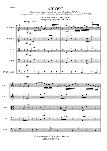 Bachs Arioso For String Quintet Sheet Music