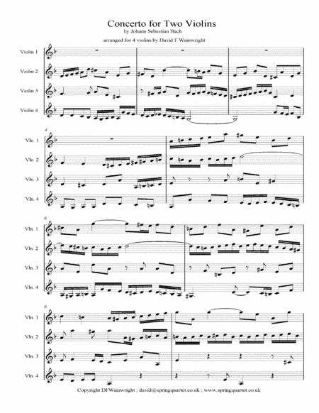 Bachs Concerto For Two Violins Arranged For Four Violins With Score Parts Mp3 Sheet Music