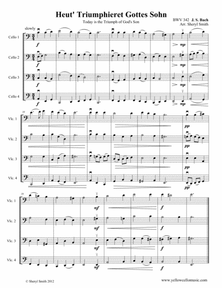 Bachs Heut Triumphieret Gottes Sohn Arranged For Intermediate Cello Quartet Four Cellos Sheet Music