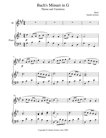 Free Sheet Music Bachs Minuet In G Treble Bb Instrument Solo