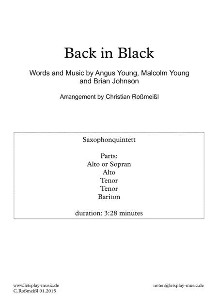 Free Sheet Music Back In Black For Saxophonensemble