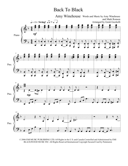 Free Sheet Music Back To Black Piano Solo