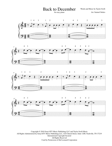 Back To December For Easy Piano Sheet Music