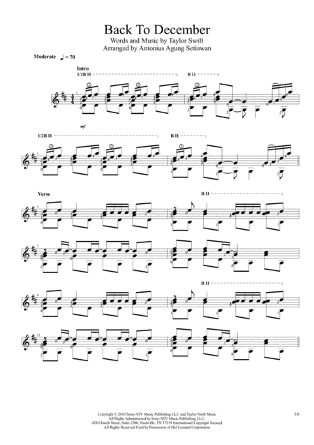 Back To December Solo Guitar Score Sheet Music