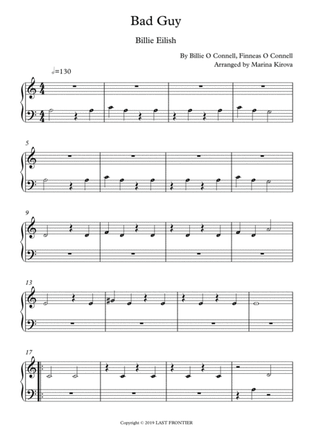 Bad Guy Beginner Piano With Note Names In Easy To Read Format Sheet Music