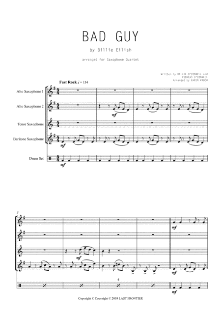 Bad Guy Billie Eilish Saxophone Quartet Aatb Sheet Music