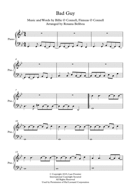 Bad Guy By Billie Eilish Easy Piano Sheet Music