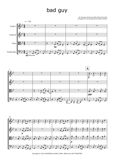 Free Sheet Music Bad Guy By Billie Eilish For String Quartet