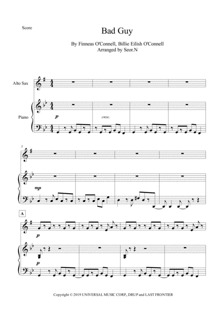 Free Sheet Music Bad Guy For Alto Saxophone And Piano