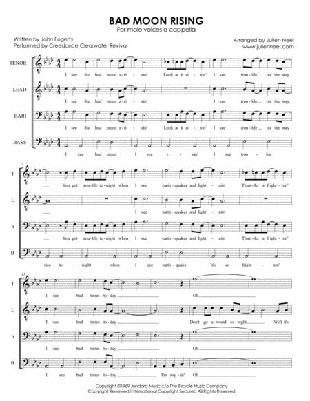 Free Sheet Music Bad Moon Rising Creedence Clearwater Revival Ttbb A Cappella Arr Julien Neel