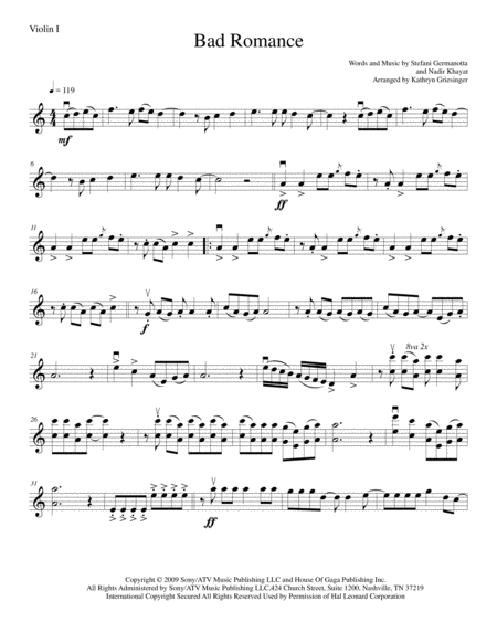 Bad Romance String Quartet Sheet Music