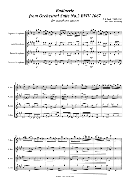 Free Sheet Music Badinerie From Orchestral Suite No 2 Arranged For Saxophone Quartet
