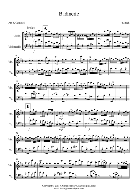 Badinerie Violin Cello Duet Sheet Music