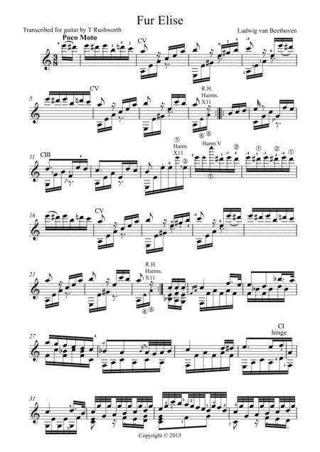 Bagatelle Fur Elise By Beethoven For Solo Guitar Sheet Music