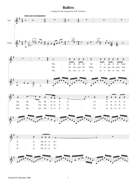 Bailero Original Language For Alto And Guitar Sheet Music