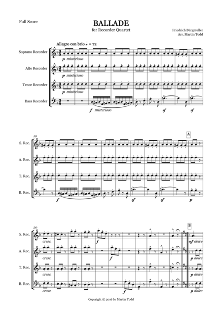 Free Sheet Music Ballade For Recorder Quartet