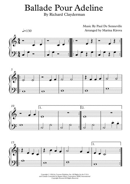 Free Sheet Music Ballade Pour Adeline Beginner Version In Easy To Read Format