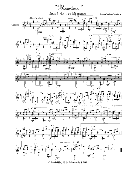 Bambuco Opus 4 No 1 En Mi Menor Por Juan Carlos Corts Aguirre Sheet Music
