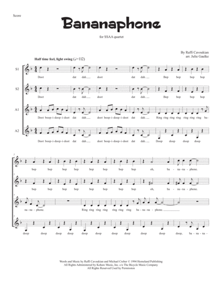 Bananaphone For Ssaa A Cappella Quartet Sheet Music