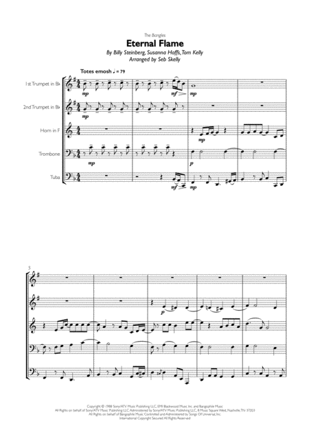 Bangles Eternal Flame For Brass Quintet Sheet Music