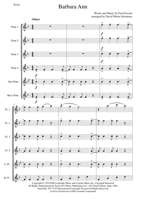 Barbara Ann For Flute Sextet Or Flute Choir Sheet Music