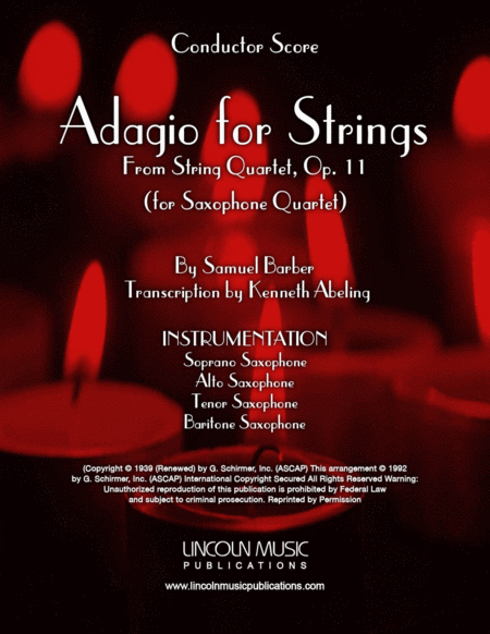 Barber Adagio For Strings For Saxophone Quartet Satb Sheet Music