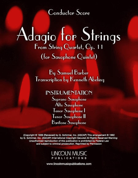 Barber Adagio For Strings For Saxophone Quintet Sattb Sheet Music