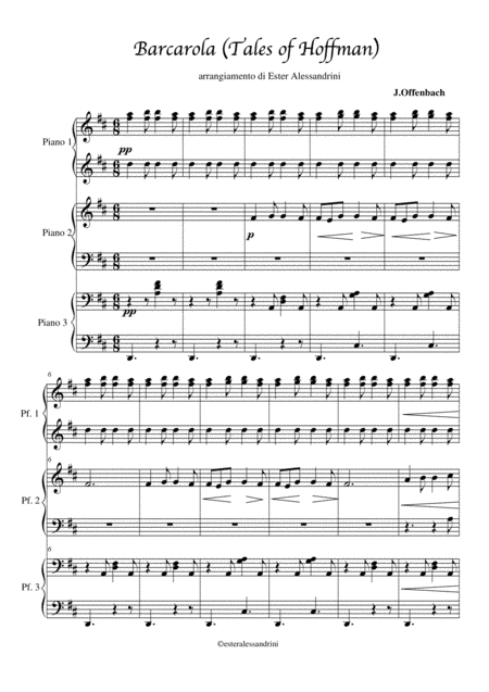 Barcarola From Tales Of Hoffman Piano 6 Hands Sheet Music