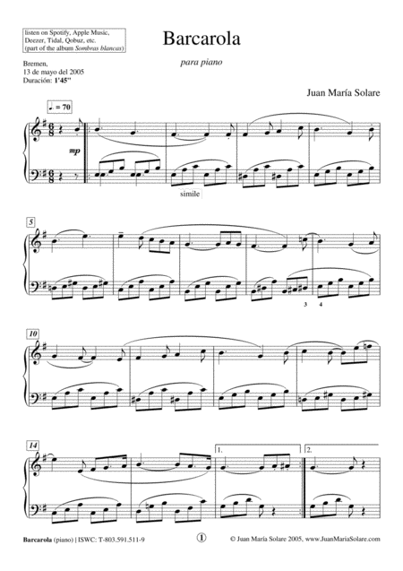 Free Sheet Music Barcarola Piano