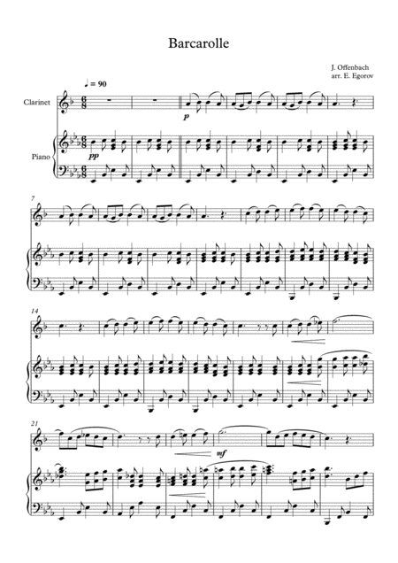 Barcarolle Jacques Offenbach For Clarinet Piano Sheet Music