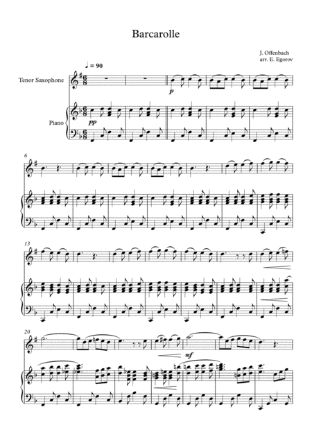 Free Sheet Music Barcarolle Jacques Offenbach For Tenor Saxophone Piano