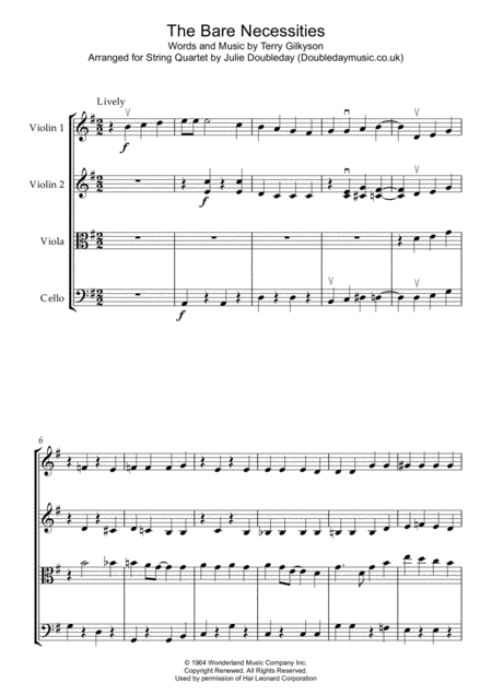 Free Sheet Music Bare Necessities From The Jungle Book For String Quartet Score And Parts