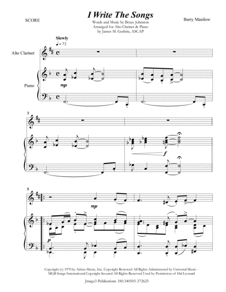 Barry Manilow I Write The Songs For Alto Clarinet Piano Sheet Music