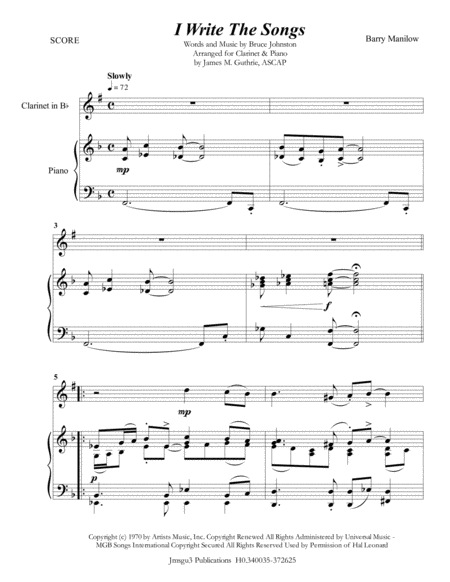 Free Sheet Music Barry Manilow I Write The Songs For Clarinet Piano