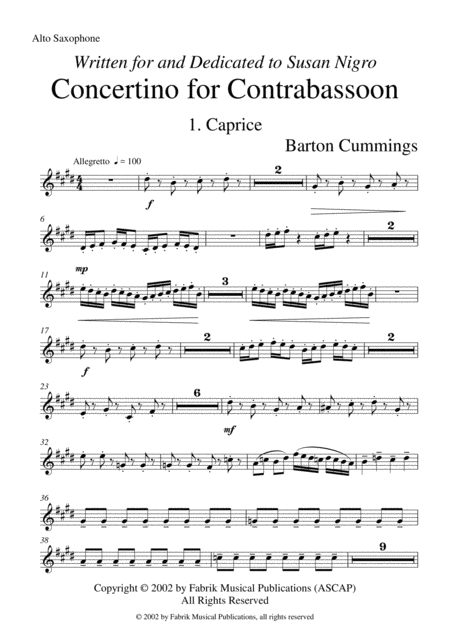 Barton Cummings Concertino For Contrabassoon And Concert Band Alto Saxophone Part Sheet Music