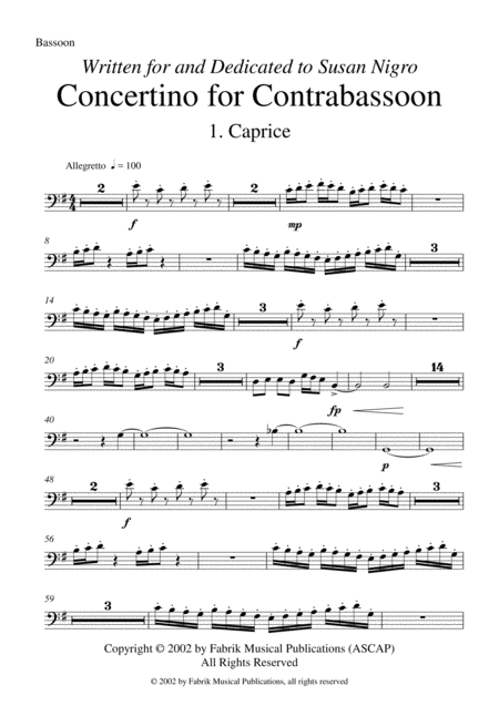 Barton Cummings Concertino For Contrabassoon And Concert Band Bassoon Part Sheet Music