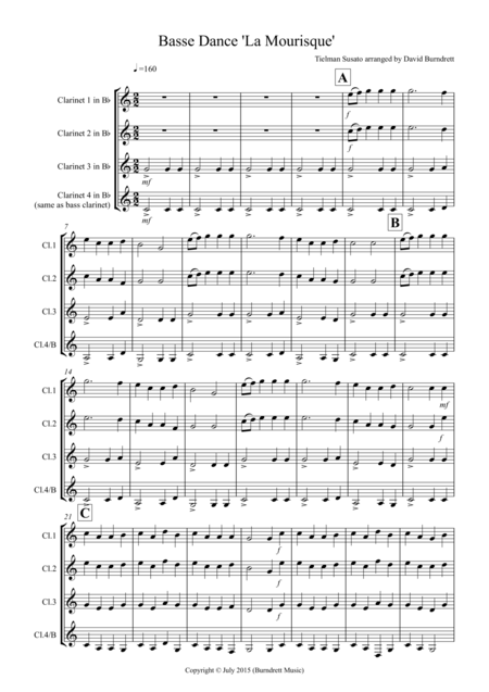 Free Sheet Music Basse Dance By Susato For Clarinet Quartet