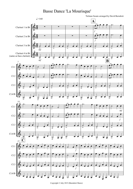 Basse Dance By Susato For Clarinet Quartet Sheet Music