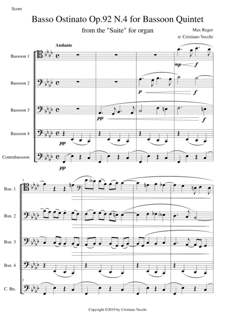 Basso Ostinato Op 92 N 4 For Bassoon Quintet Sheet Music