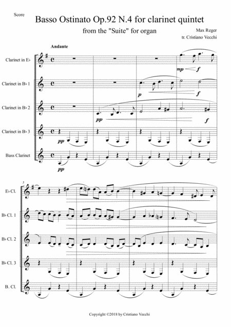 Basso Ostinato Op 92 N 4 For Clarinet Quintet Sheet Music