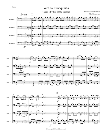 Bassoon Quartet Tango By Ernesto Nazareth Sheet Music