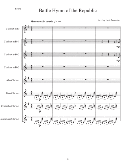 Battle Hymn Of The Republic Arranged For Clarinet Choir Sheet Music