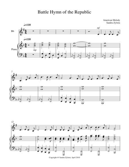 Free Sheet Music Battle Hymn Of The Republic Treble Bb Instrument Solo