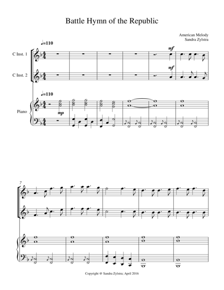 Free Sheet Music Battle Hymn Of The Republic Treble C Instrument Duet